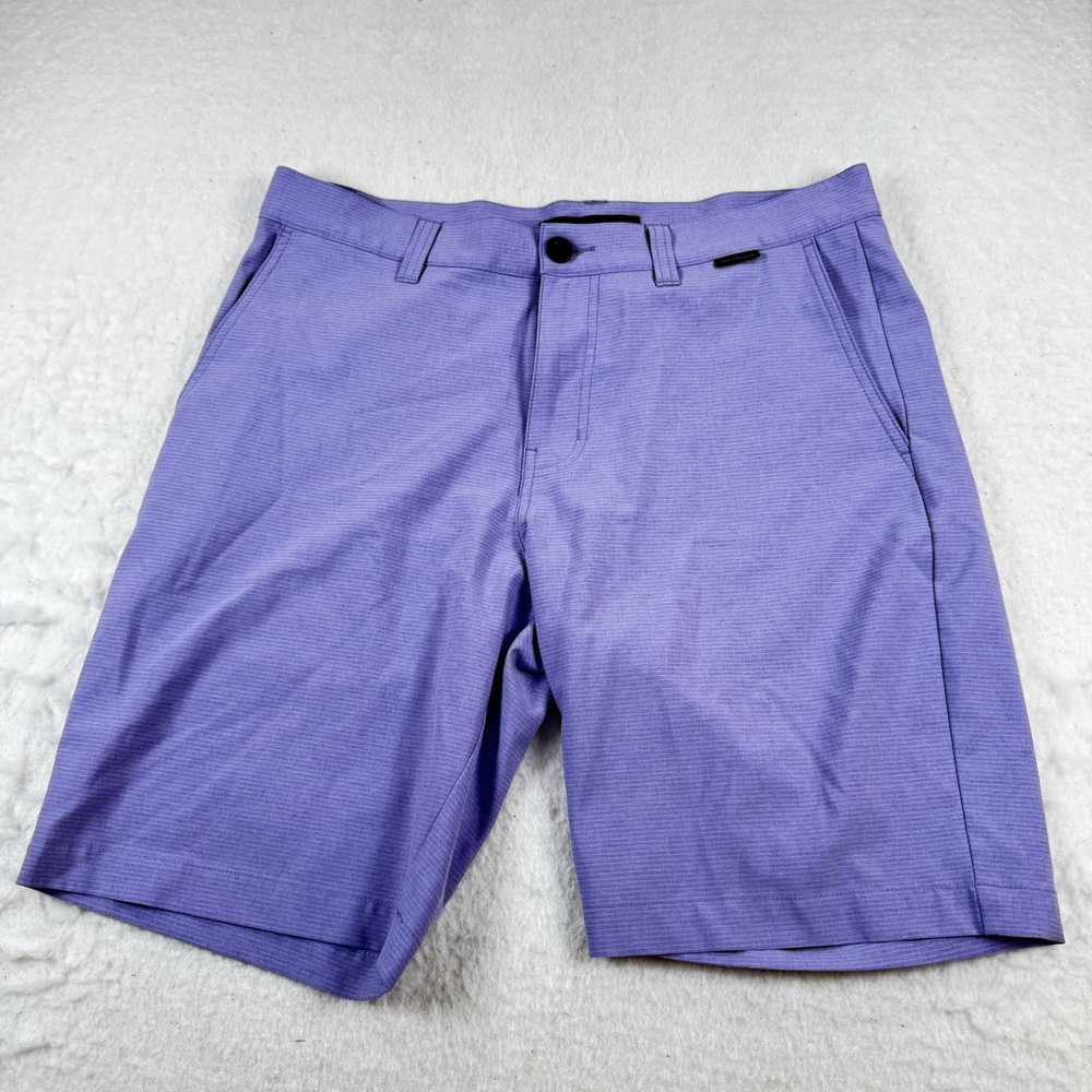 Travis Mathew Shorts Mens Size 33 Purple Striped Chino Golf Stretch 9 Inseam